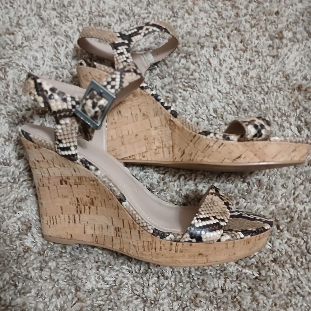 Strappy tan and brown snakeskin cork wedge platform‎ sandals, brand new, size 9 - Picture 5 of 5